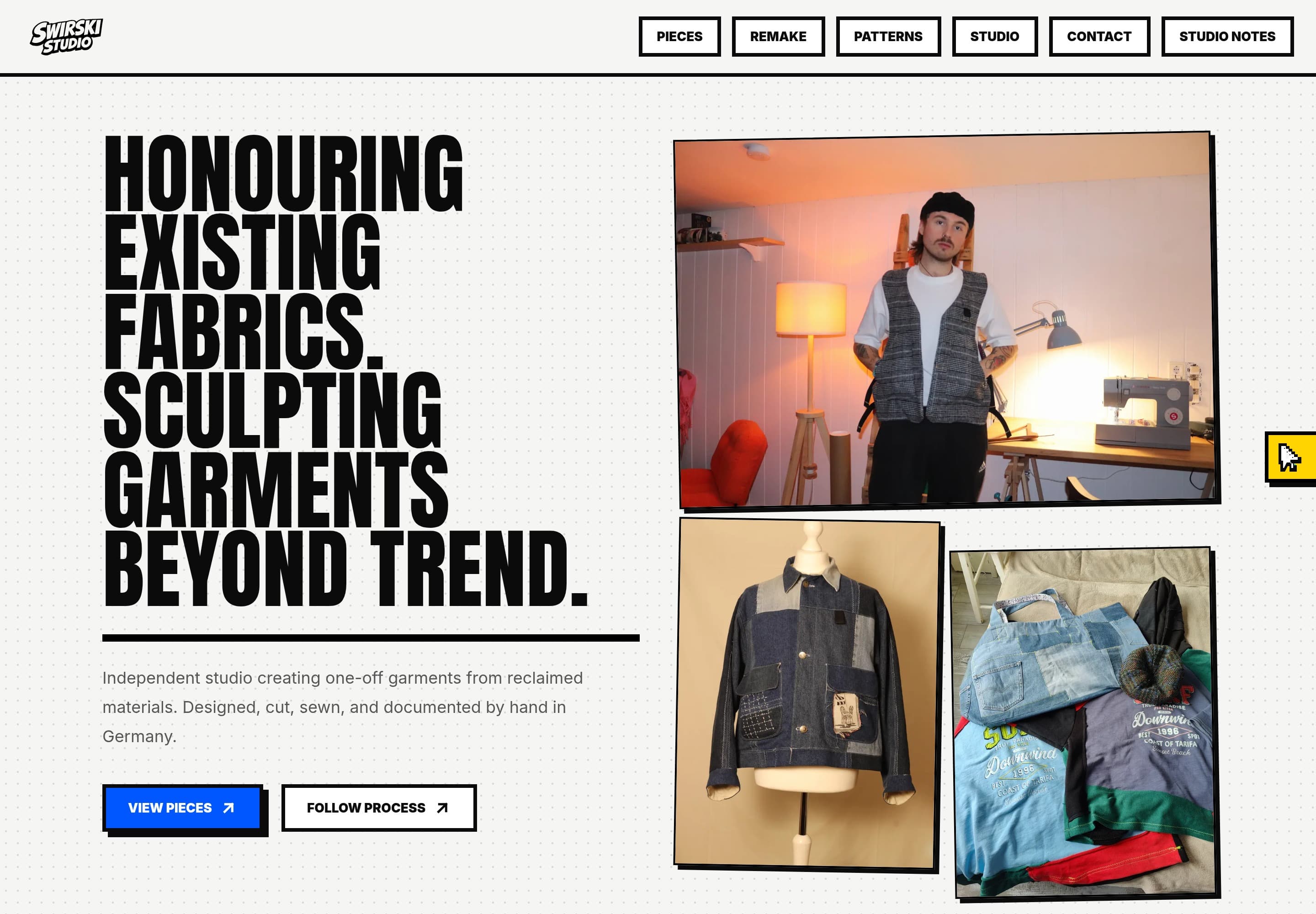The Swirski Studio website, with bold typography and garment photography