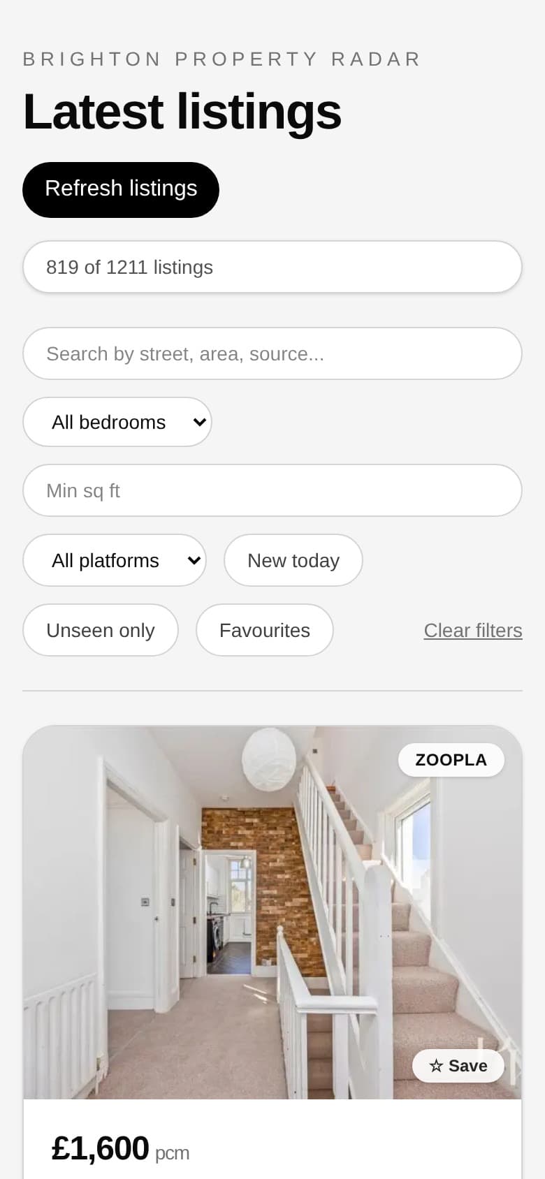 Property Radar search controls on a mobile screen