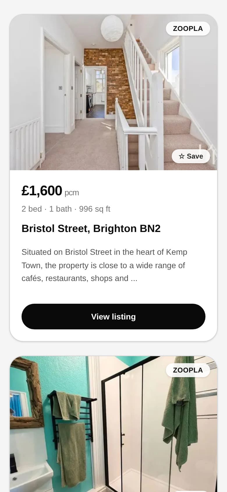 Property Radar mobile listing cards with photos, prices, details and source links