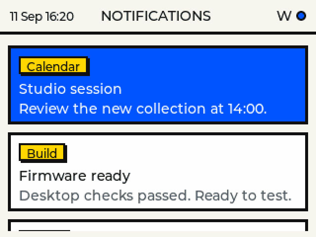C++ notification list running in the SDL simulator with demo messages