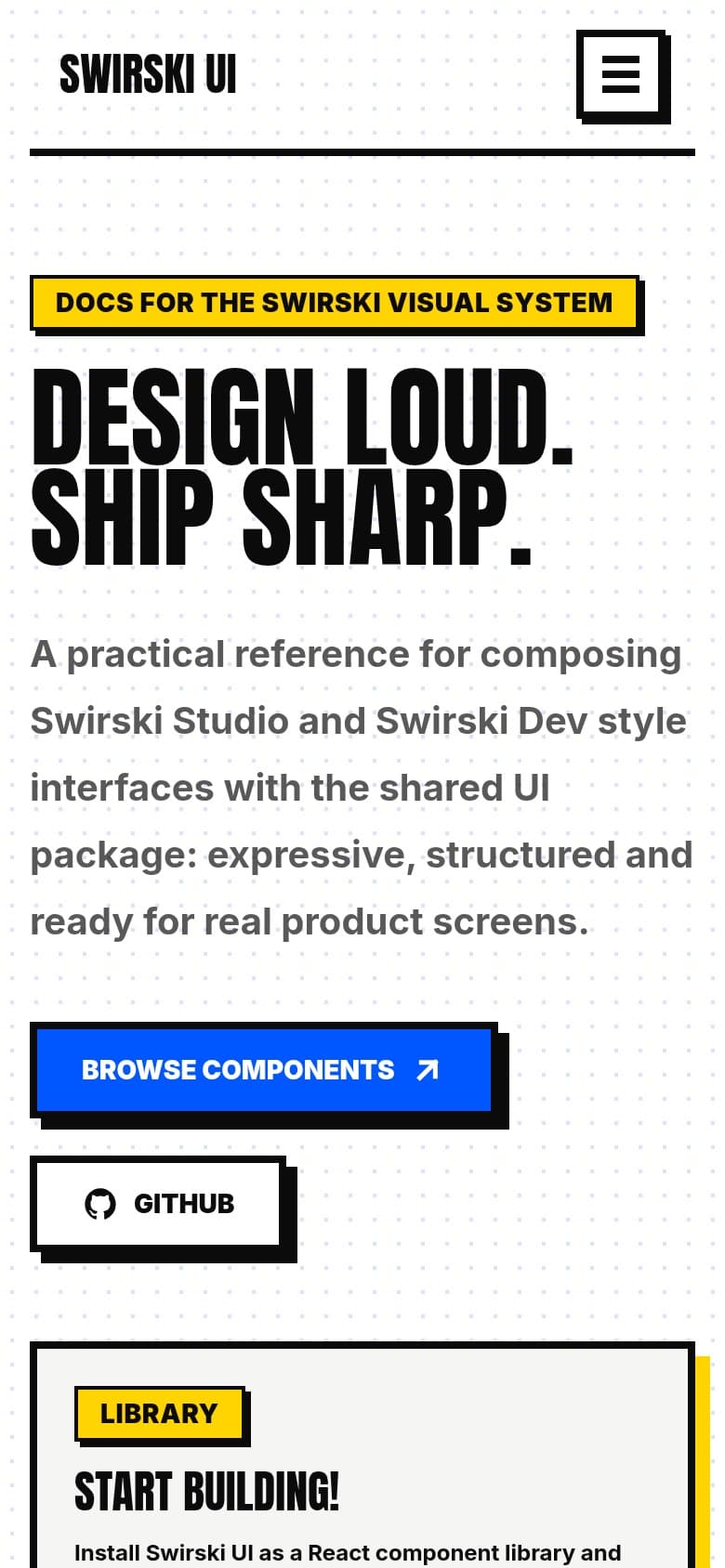 Swirski UI documentation homepage on mobile